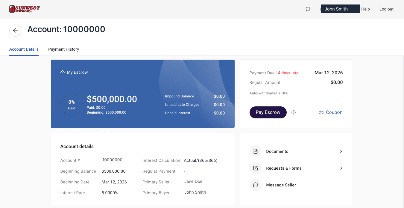 NoteServe portal dashboard showing escrow account overview